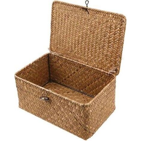 Panier de rangement en osier tressé avec couvercles en jonc de mer - Pour salle de bain, salon, cuisine - Taille XXL, Naturel (1/5)