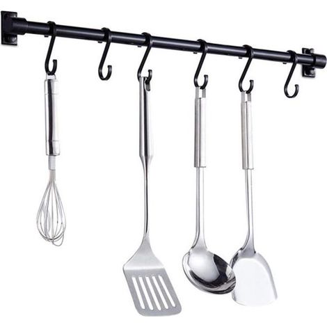 Barre Murale Cuisine Ustensiles,40CM Barre Étagère de Cuisine avec 6 Crochets Amovibles,Rack Porte Étagère à Fixation Murale(Noir) (1/4)