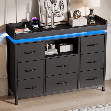 Commode avec LED Réglable et Multiprise, 8 Tiroirs en Tissu, 108x30x82 cm, Meuble de Rangement, Style Industriel, Chambre, Noir (1/5)