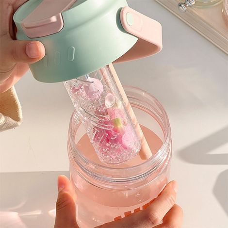 Strohhalmbecher mit Blumenmuster, große Wasserflasche für Schüler und Kinder, hochwertige Wasserflasche mit separaten Fächern für Tee und Wasser, großer grüner Plastikbecher. (1/5)