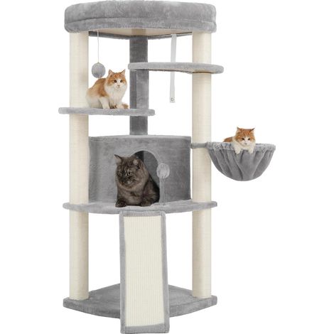 Arbre à Chat d'angle, Tour de Jeux pour Chats intérieur, Multi-Niveaux Tour Chat avec poteaux à griffer entièrement en sisal, Niche, Grande Plateforme, Panier Suspendu, Gris Clair GCT025W (1/5)