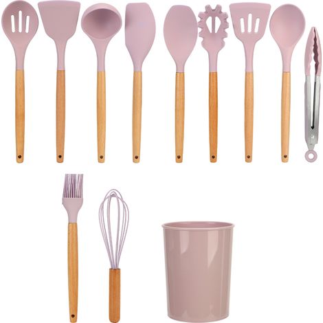 Ensemble de 12 ustensiles de cuisine en silicone avec manche en bois, rose. (1/5)