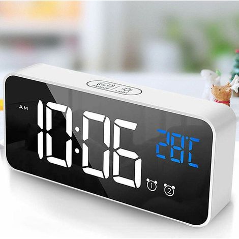 Digital Alarm Clock, LED Digital Alarm Clock Mirror Desk Clock USB Rechargeable Travel Alarm Clock with 2 Alarms / Snooze / Temperature Display / Voice Control Function, 4 Brightness, White (1/5)