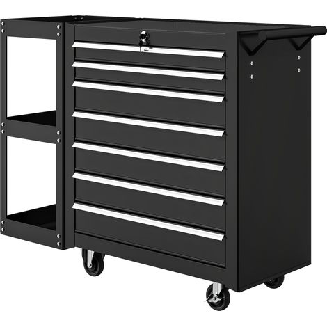 Chariot d'atelier/chariot à outils avec 7 tiroirs, étagère latérale amovible, 4 roulettes avec freins, 96 x 33,5 x 75 cm, noir