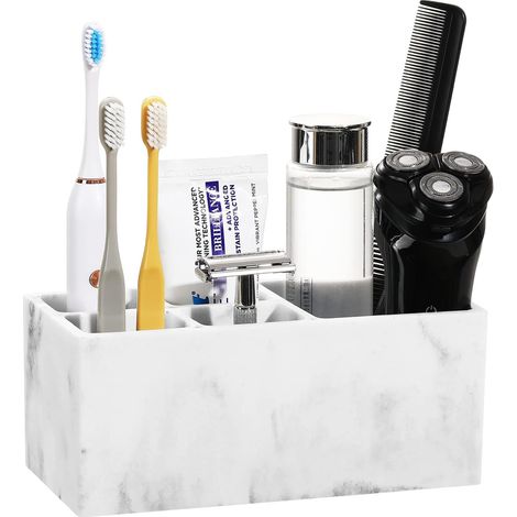 Porte Brosse à Dents, Support de Brosse à Dents en Résine avec 5 Fentes, Distributeur de Dentifrice Hygiénique, Organisateur Salle de Bain Ventouse pour Rasoir Dentifrice - Blanche Encre (1/5)
