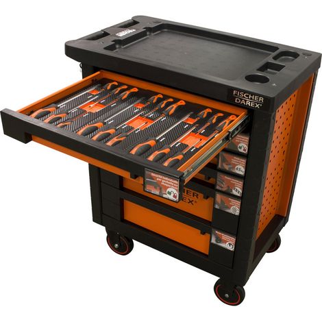 Fischer Darex – Servante d'atelier roulante 6 tiroirs – Acier renforcé – Charge maximale 700kg – Dimensions 460x780x900mm – 18 outils inclus