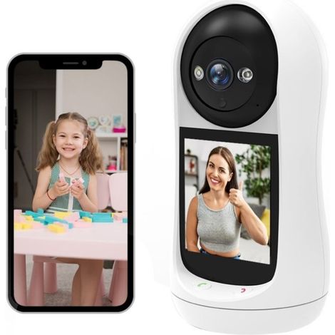 Caméra de surveillance intelligente avec interphone vidéo bidirectionnel et appel en un clic, idéale pour la sécurité des personnes âgées et la surveillance des bébés.