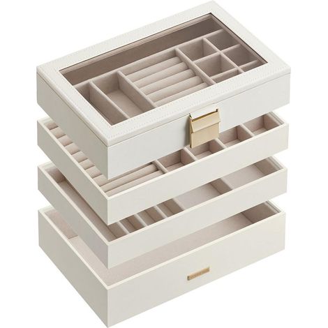 Boîte à bijoux spacieuse avec 4 plateaux empilables pour tiroir coiffeuse 17 x 28 x 18,3 cm en bois blanc (1/2)