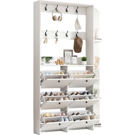 Armadio da Ingresso 120x24x200 cm, con Mensola e 8 Ganci in Legno, MDF, Bianco, per Organizzare Ingessi e Corridoi (1/5)