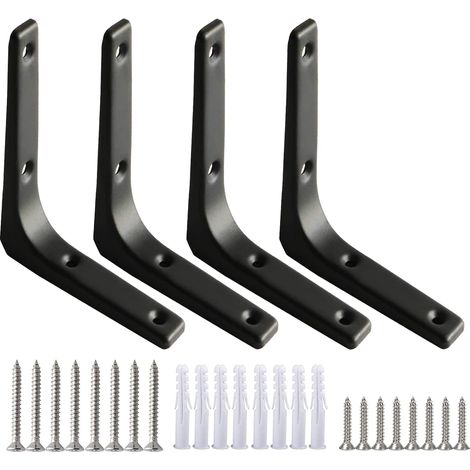 4Pcs Equerre Etagere Murale Noire Equerre Charge Lourde Equerre Fixation 100 x 100mm Support d'Étagère en L Robuste Épaisseur 7,5mm avec Vis pour Étagère Suspendus Placard Déco(Acier) (1/5)