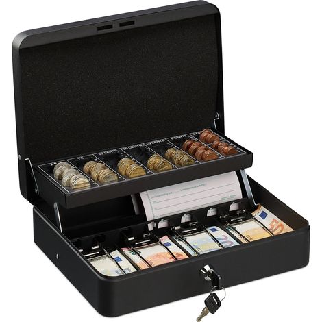 Relaxdays Cassetta di Sicurezza per Soldi, con Scomparto per Monete e 4 Vani per Banconote, 8,5x30,5x24,5 cm, Nero