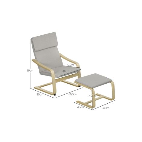 Lot de 2 fauteuils lounge avec tabouret et accoudoir, appui-tête, revêtement lin, repose-pied en polyester, eucalyptus, gris clair 66,5 x 80 x 99 cm (1/5)