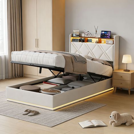 Letto singolo con contenitore 90x200 - letto imbottito in lino 1 posto con vano contenitore, LED, USB e rete a doghe, stile nordico - bianco