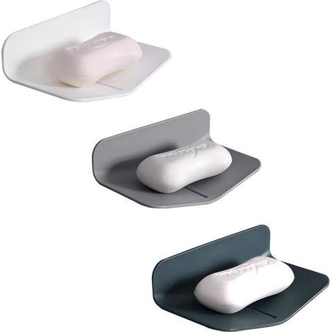Wall-mounted 3-piece soap holder, no drilling needed, with self-draining rubber and V-shaped tray for the bathroom. (1/4)