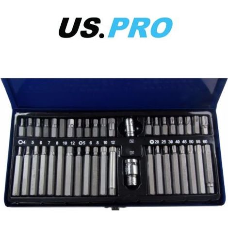 US PRO 42pc Bit Set Hex Spline Torx 3/8” & 1/2” Adaptor Deep and Shallow 1486 (1/4)