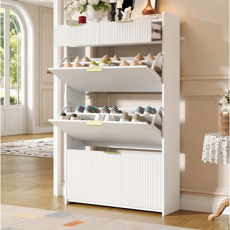 Zapatero estrecho blanco con 3 puertas abatibles y 2 cajones, 80 x 25 x 135 cm (1/5)