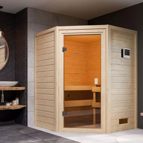 Sauna d'angle 2-3 places 38mm poêle 9kW Karibu Antonia Bois