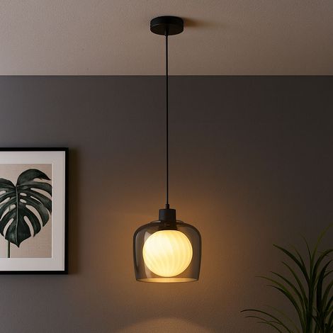 Hängelampe Hängeleuchte Pendellampe Esszimmerleuchte, Rauchglaskugel Retro Metall schwarz, 1x E27 Fassung, DxH 21x150cm
