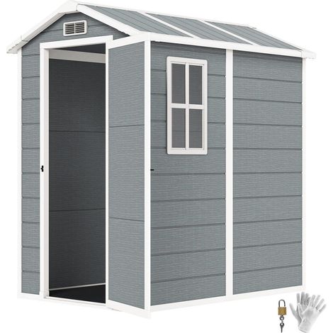 Stocker Outils et Matériel : Abri de Jardin en Résine Gris avec Plancher, Fenêtre, Doubles Aérations et Porte Verrouillable (1/5)