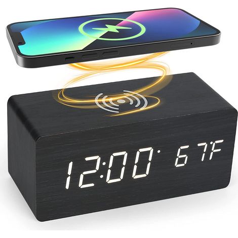 Thermomètre numérique, réveil numérique, réveil en bois avec LED et chargeur sans fil, réveil en bois avec chargeur à induction
