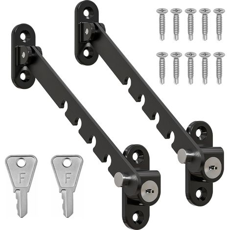 Verrou de fenêtre noir avec serrure - Butée de fenêtre avec réglage sur 5 niveaux, loquet avec fonction ventilation et protection, pied de fenêtre pour appartements et maisons, montage durable (1/5)
