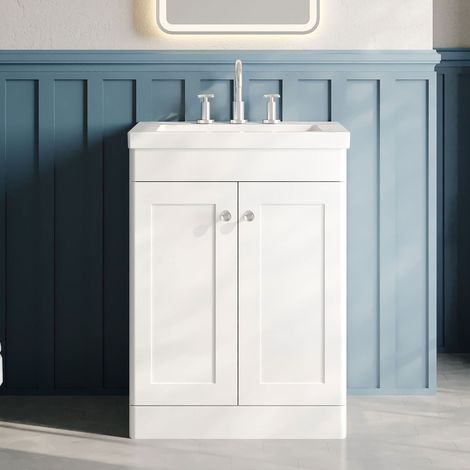 Nuie Classique Floor Standing 2-Door Vanity Unit with 3TH Contemporary Basin 600mm Wide - Satin White