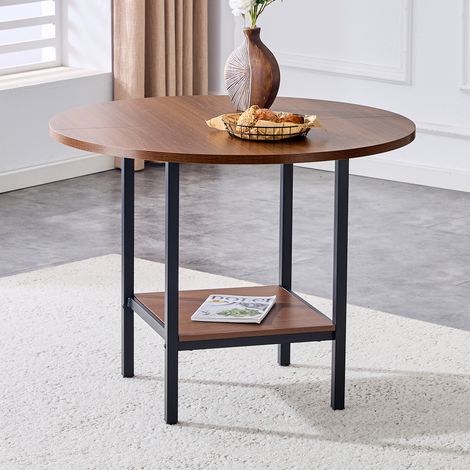 Tavolo rotondo da pranzo in MDF e metallo noce, con ripiano portaoggetti, Ø100x77 cm, per 4-6 persone