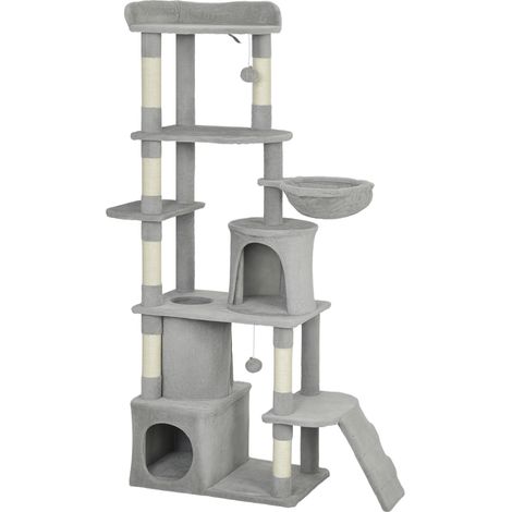 Albero Tiragraffi per Gatti 60x40x170 cm con 2 Casette Amaca Tunnel e Lettino Pali in Sisal Grigio