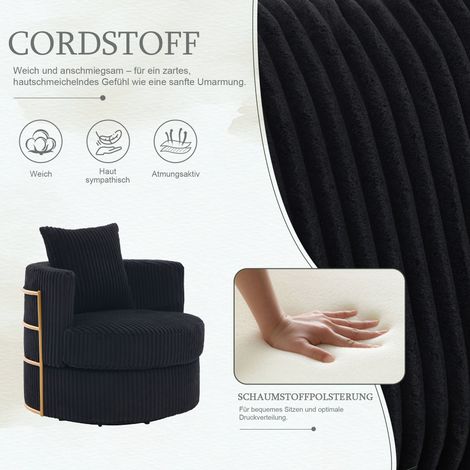 Sillón giratorio de 360° de pana con reposabrazos acolchados de espuma suave de alta densidad y espacio de almacenamiento bajo el asiento ideal para dormitorios y salas de estar (pana negra). (1/5)