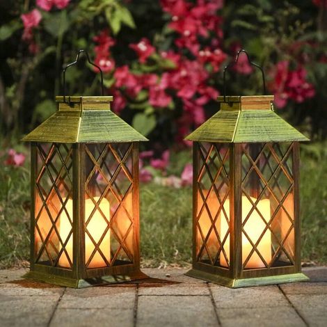 Lanternes solaires à LED - Éclairage d'extérieur à économie d'énergie, lumière clignotante jaune - Pour jardin ou terrasse - À suspendre sans verre - Lot de 2 - Bronze antique (1/5)