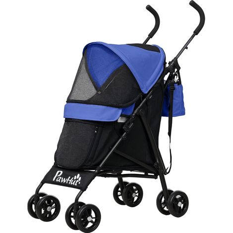 Hundewagen Hundebuggy klappbar für Hunde & Katzen bis 4 kg Katzenbuggy mit Netzfenstern, Schultergurt, Aufbewahrungstasche, Becherhalter Regenschirm Katzenwagen Dunkelblau Aosom