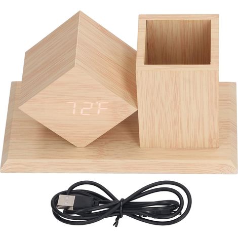 Horloge Porte-Stylo, Commande Vocale, Affichage LED HD, Réveil Numérique en Bois Alimenté par Batterie USB avec Thermomètre (1/5)