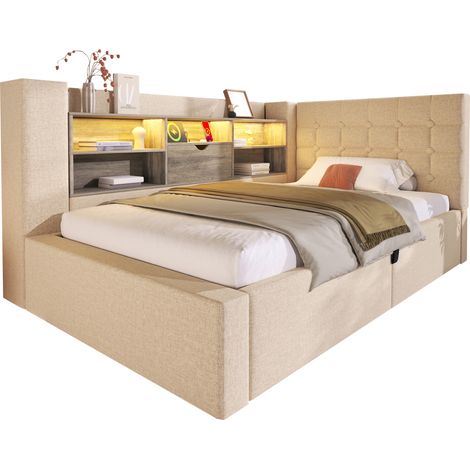 Lit rembourré 90x190 cm beige LED rangement hydraulique coffre tête lit L espace rangement montage 2 côtés sommier lattes lin (1/5)
