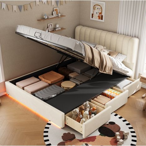 Letto imbottito con contenitore idraulico 140x200 cm beige con 3 cassetti e luce LED (1/5)
