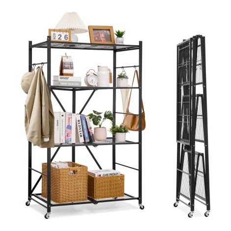Estante de Almacenamiento Plegable de 4 Niveles con Ruedas 91 x 53 x 152 cm Estantería Metálica Móvil Resistente, sin Necesidad de Ensamblaje, Organizador para Garaje, Cocina, Sótano, Negro (1/5)