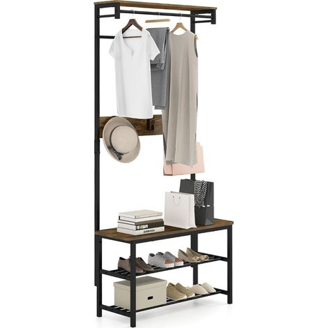 Porte-manteau avec banc et rangement chaussures 80 x 32 x 169 cm multifonctionnel style industriel en bois d'ingénierie brun rustique
