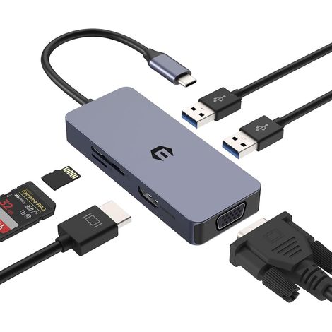 HUB USB C 4K HDMI, Adaptateur USB C, Station d'accueil, hub USB 3.0, hub Double Moniteur USB C, Adaptateur 6 en 1 avec VGA, HDMI, 2 USB 3.0, Lecteur de Carte SD/TF pour tablettes, systèmes Windows (1/5)