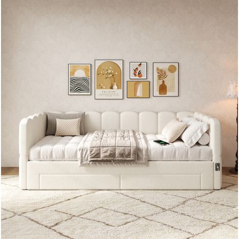 Ausziehbares Polsterbett mit 2 Schubladen, USB, 90x190 cm bis 180 cm, Beige, OKWISH (1/5)