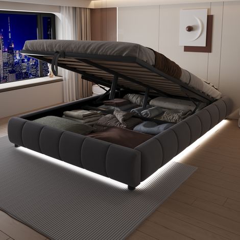 Letto Imbottito 140x200 cm con Rete a Doghe Idraulica e Vano Contenitore, LED, MDF, Grigio (Senza materasso) (1/5)