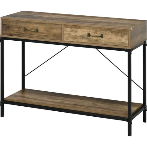 Table console industrielle avec 2 tiroirs et une étagère pour entrée, pieds en métal marron et noir. (1/5)
