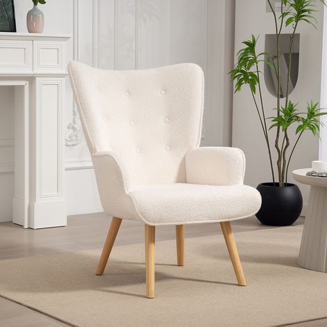 Lounge-Sessel mit Bouclé-Bezug, gesteppter und gepolsterter Sessel mit Holzbeinen, 71 x 74 x 96 cm, beige (1/5)