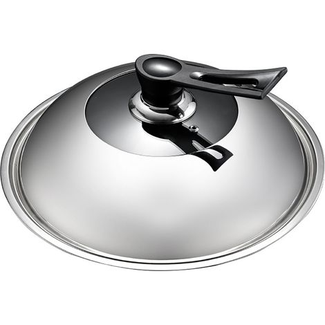 Couvercle pour wok en acier inoxydable avec poignée ergonomique, trou de vapeur visible et compatible lave-vaisselle. (1/4)