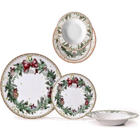 Servizio Piatti di Natale completo per 6 Persone 18 PZ  ghirlanda fiocco rosso in Porcellana tavola elegante natalizia decorazioni agrifoglio pigne palline idea regalo (1/4)