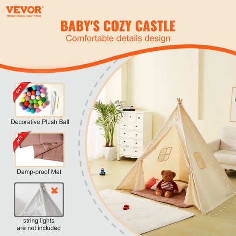 Tente de jeu pour enfants, tente tipi enfants 1-5 ans, tente pour enfants avec tapis et balles décoratives en peluche, avec fenêtres pour intérieur et extérieur, pour garçons et filles, beige (1/5)