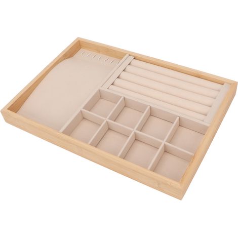 Organisateur de tiroir à bijoux, plateau de présentation multifonctionnel trois en un, convient aux bagues, boucles d'oreilles, bracelets et colliers, beige. (1/5)