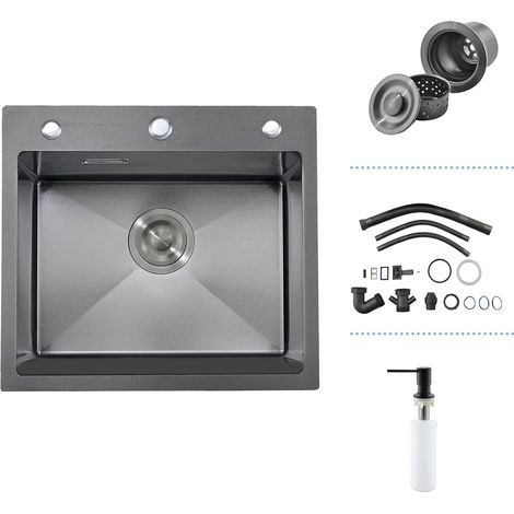 Évier Cuisine Noir 55 x 50, Inox, Encastré, 3 Trous, 1 Bac, Profond (1/5)
