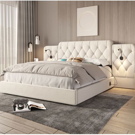 Letto contenitore moderno in velluto beige 160x200 cm con testiera allungata, luci da lettura, porte USB e sollevamento idraulico