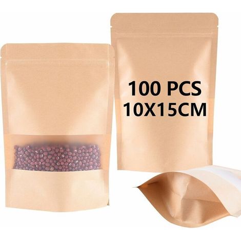 Packung mit 100 Kraftpapiertüten mit Sichtfenster (10 x 15 x 3,5 cm), wiederverschließbar, wasserdicht und feuchtigkeitsbeständig, wiederverwendbar, geeignet für Tee, Kaffee und Trockenfrüchte. – Crez