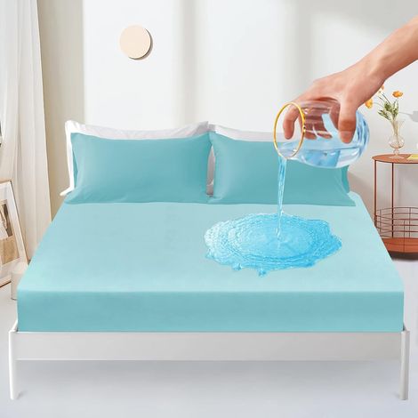 Waterproof Mattress Protector, 160 x 200 cm, Breathable Mattress Cover, Noise Mattress Protector, Waterproof Fitted Sheet - Cyan (1/5)
