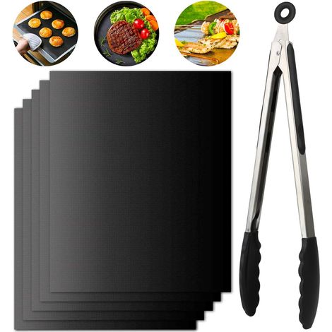 Juego de 5 tapetes para parrilla BBQ + pinzas para parrilla de 30 cm. Para asar y hornear. Reutilizable. 100% antiadherente. Aprobado por la FDA. Libre de PFOA. Ideal para parrillas de carbón, gas y e (1/5)